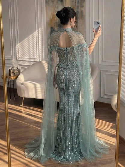 Luxury Nude Crystal Beaded Mermaid Gown with High Neck Cape LA73816