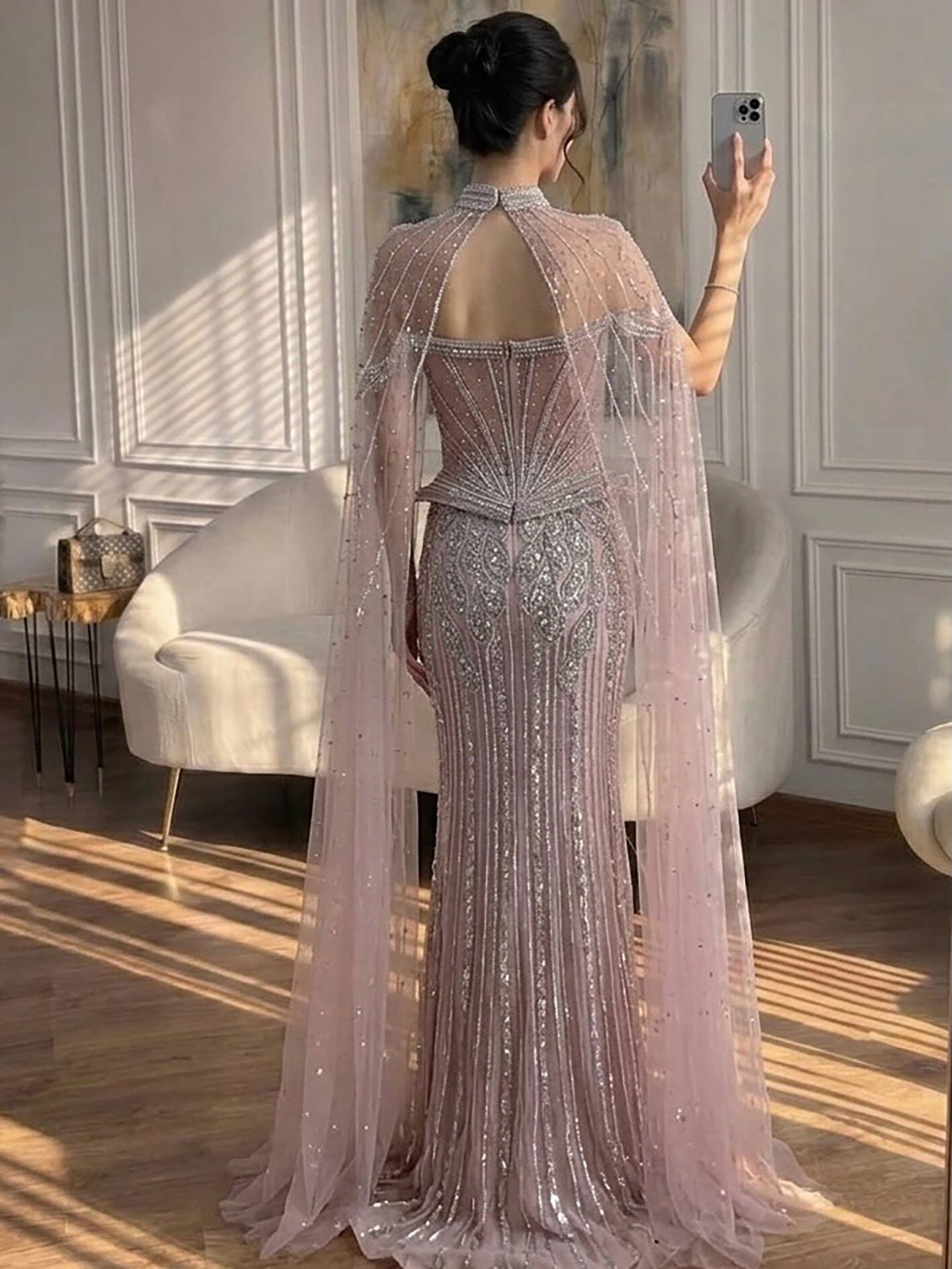 Luxury Nude Crystal Beaded Mermaid Gown with High Neck Cape LA73816