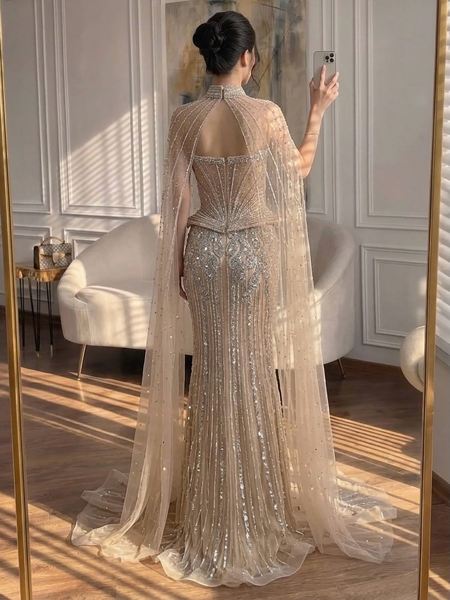 Luxury Nude Crystal Beaded Mermaid Gown with High Neck Cape LA73816