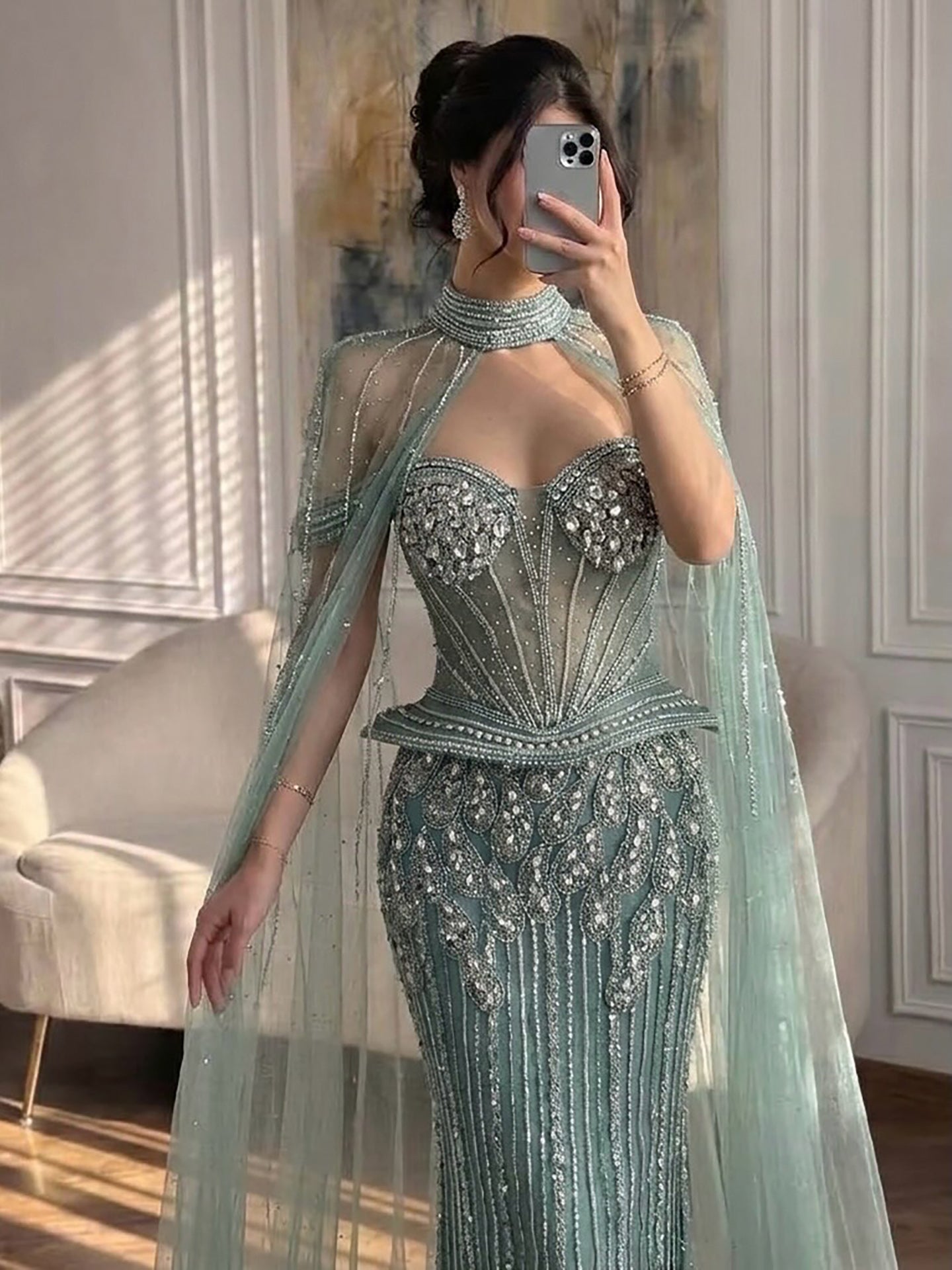 Luxury Nude Crystal Beaded Mermaid Gown with High Neck Cape LA73816