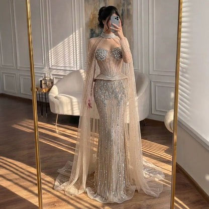 Luxury Nude Crystal Beaded Mermaid Gown with High Neck Cape LA73816