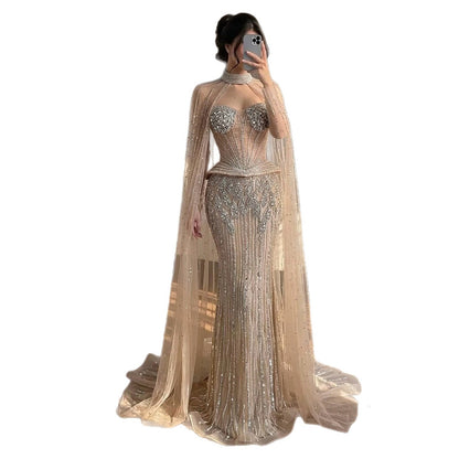 Luxury Nude Crystal Beaded Mermaid Gown with High Neck Cape LA73816