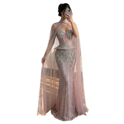 Luxury Nude Crystal Beaded Mermaid Gown with High Neck Cape LA73816
