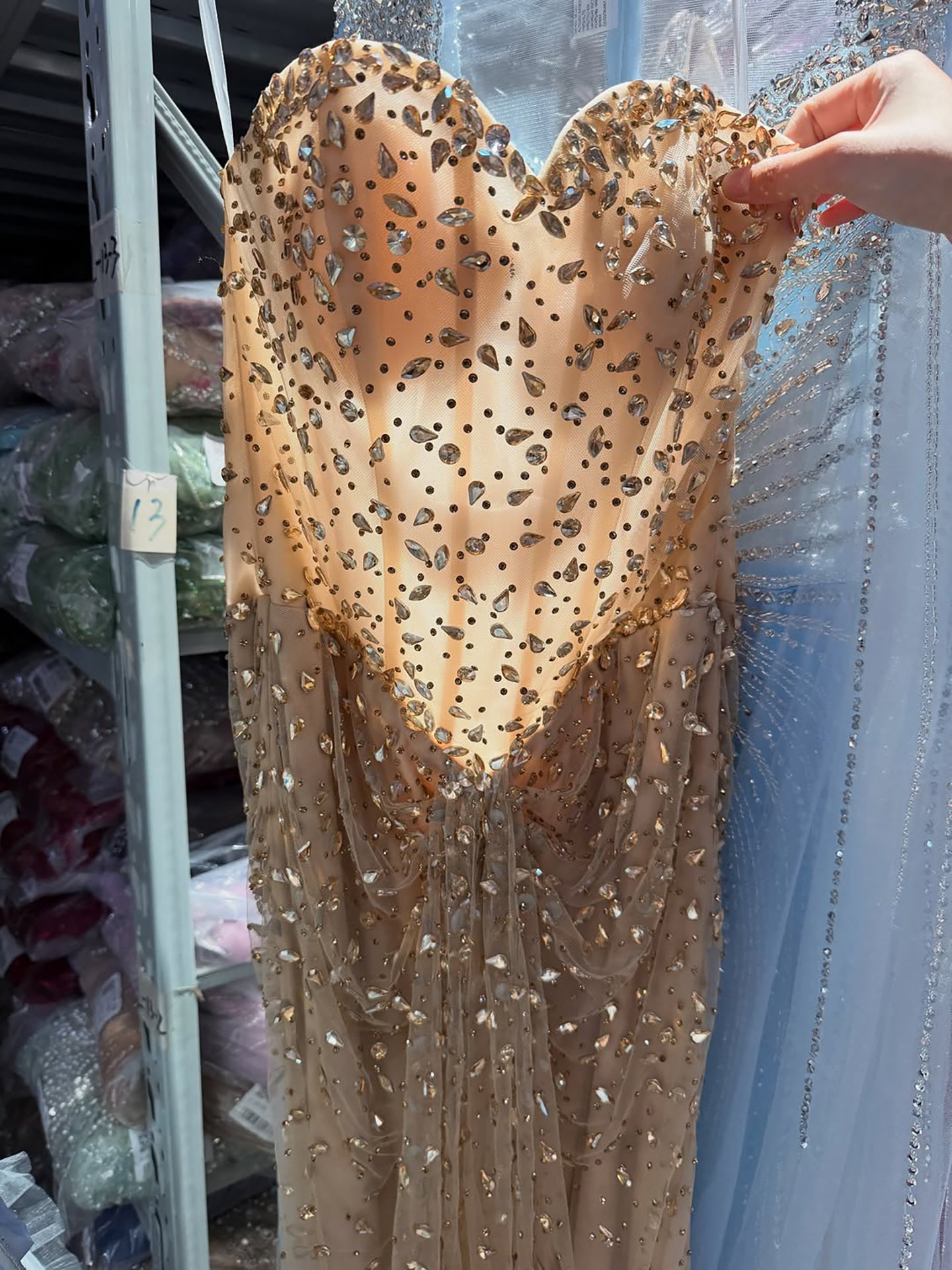 Luxury Gold Crystal Beaded Strapless Mermaid Evening Dress LA73818