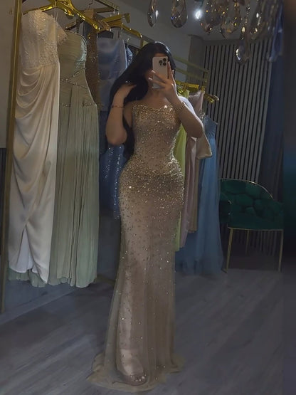 Luxury Gold Crystal Beaded Strapless Mermaid Evening Dress LA73818