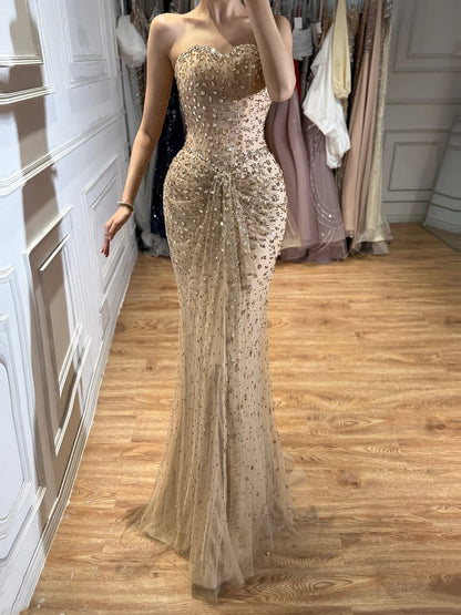 Luxury Gold Crystal Beaded Strapless Mermaid Evening Dress LA73818
