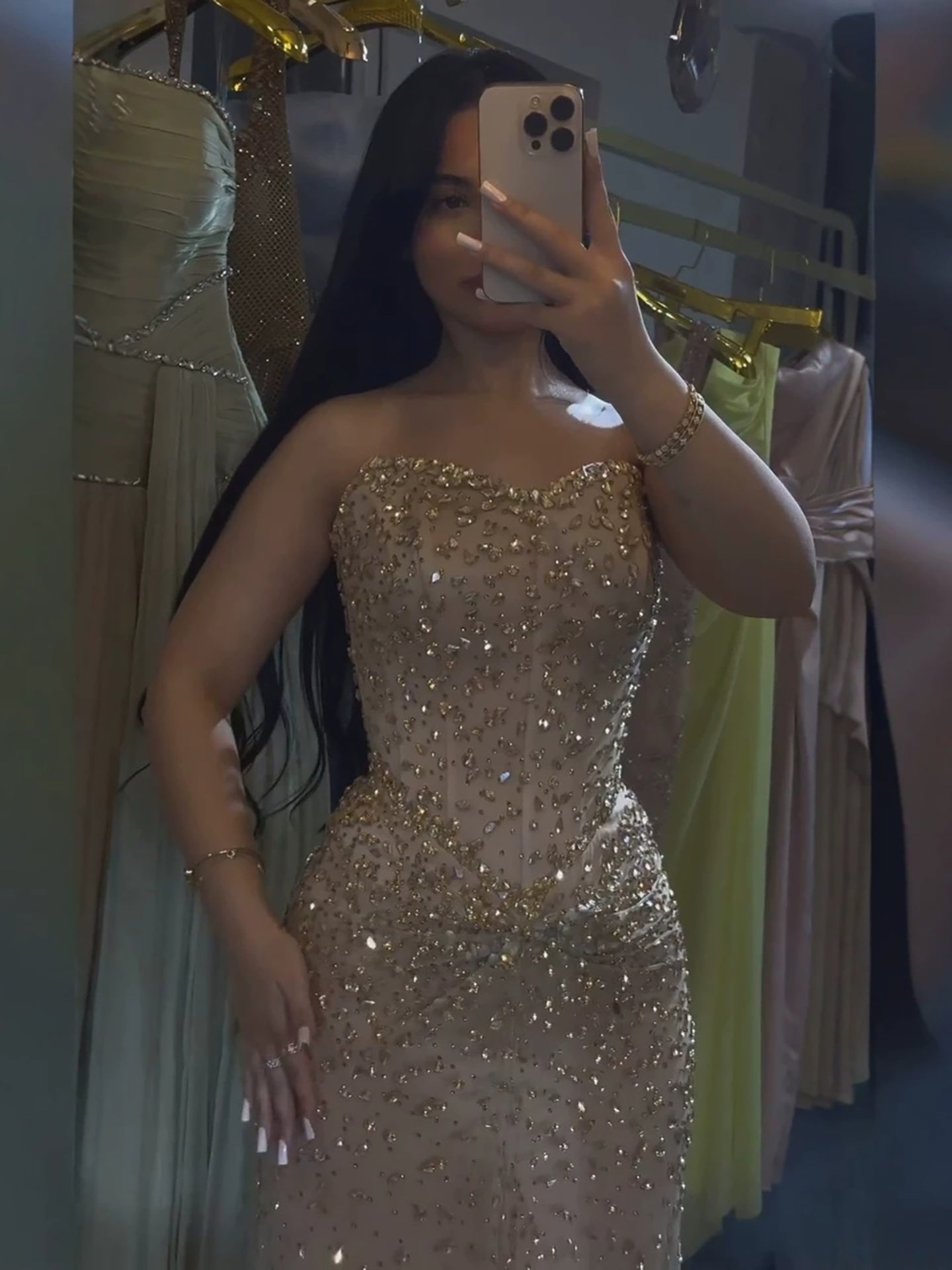 Luxury Gold Crystal Beaded Strapless Mermaid Evening Dress LA73818