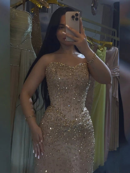 Luxury Gold Crystal Beaded Strapless Mermaid Evening Dress LA73818