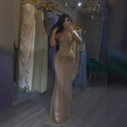 Luxury Gold Crystal Beaded Strapless Mermaid Evening Dress LA73818