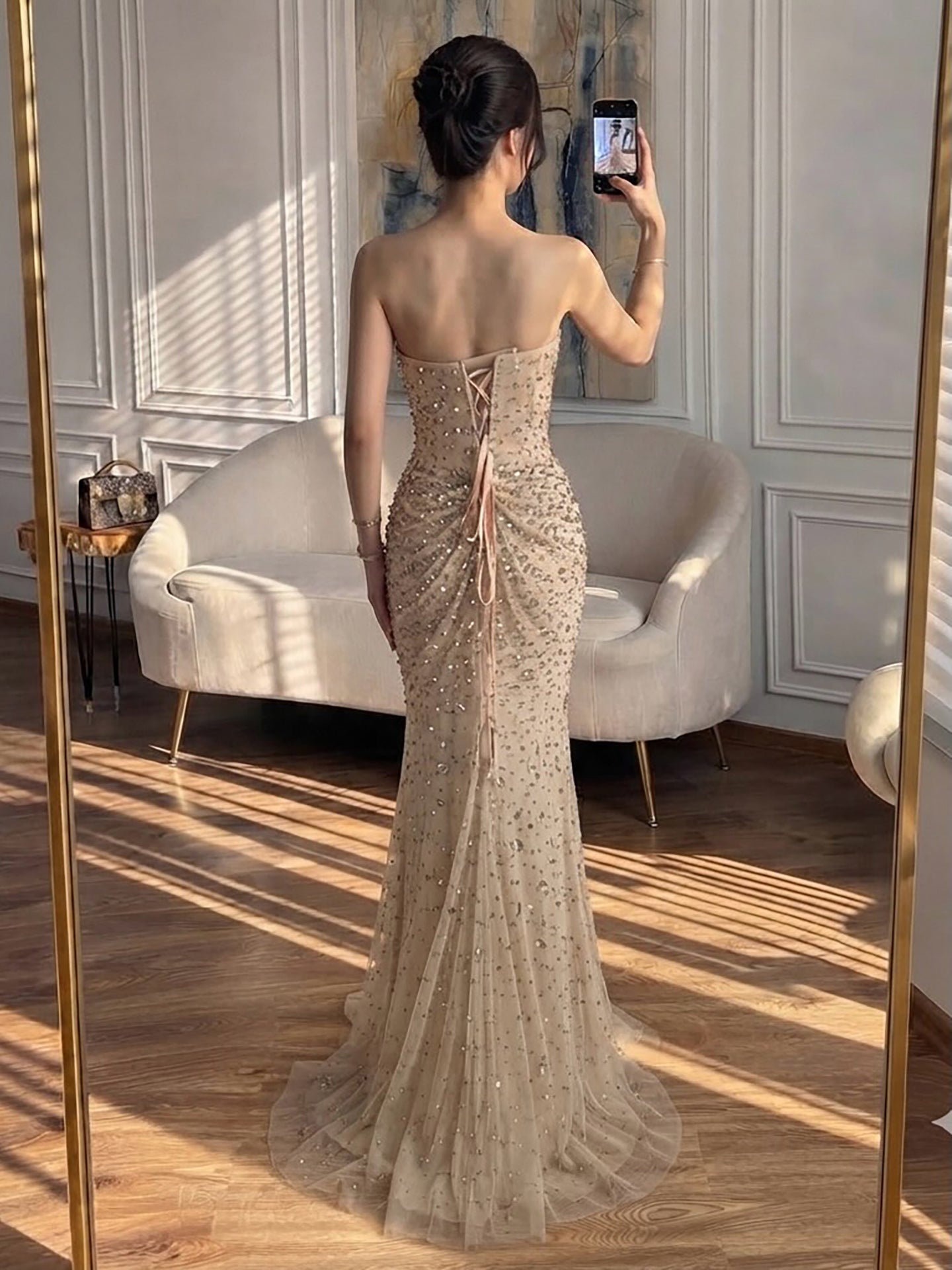 Luxury Gold Crystal Beaded Strapless Mermaid Evening Dress LA73818