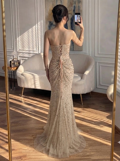 Luxury Gold Crystal Beaded Strapless Mermaid Evening Dress LA73818
