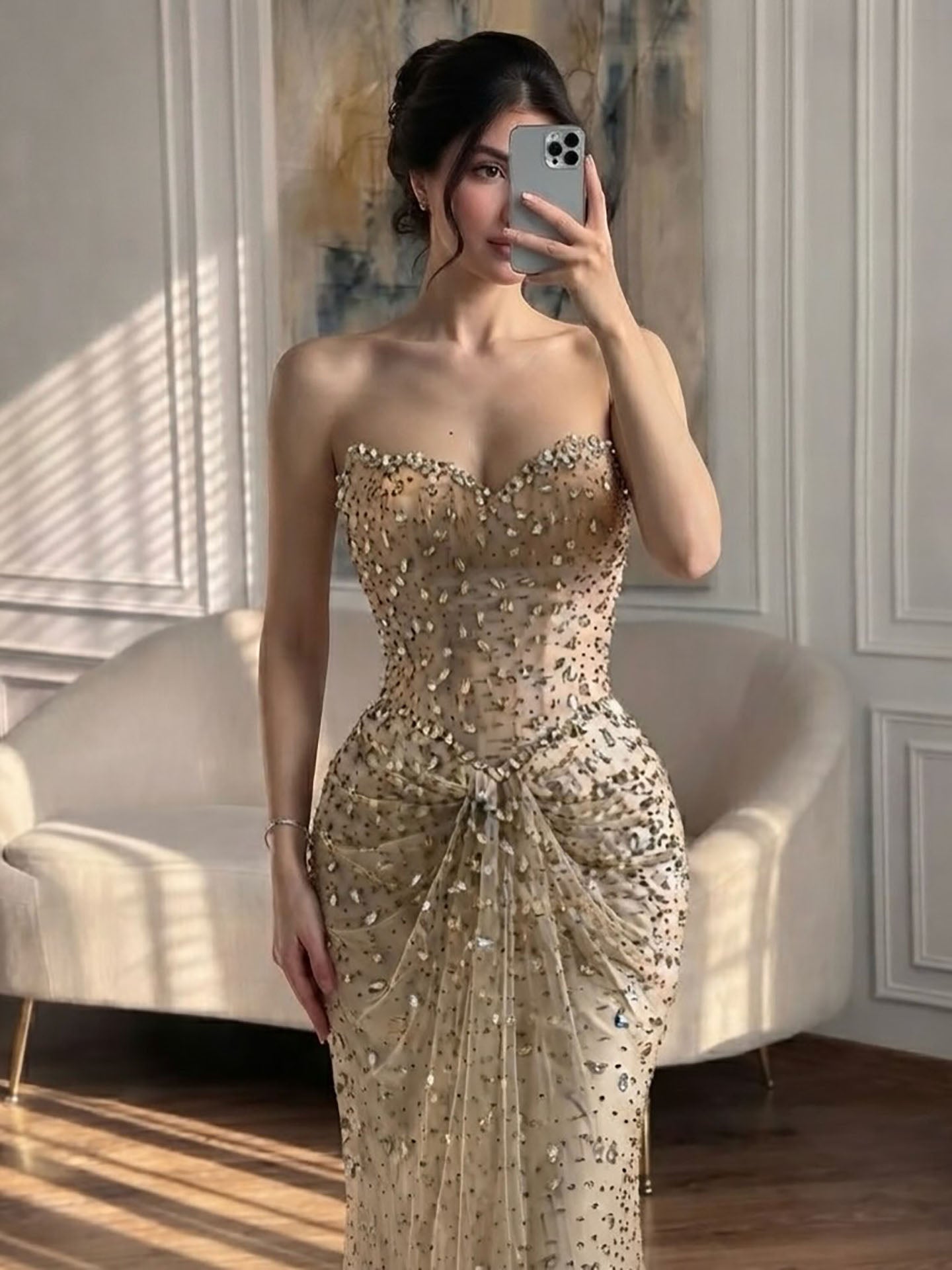 Luxury Gold Strapless Crystal Beaded Mermaid Evening Dress LA73818A