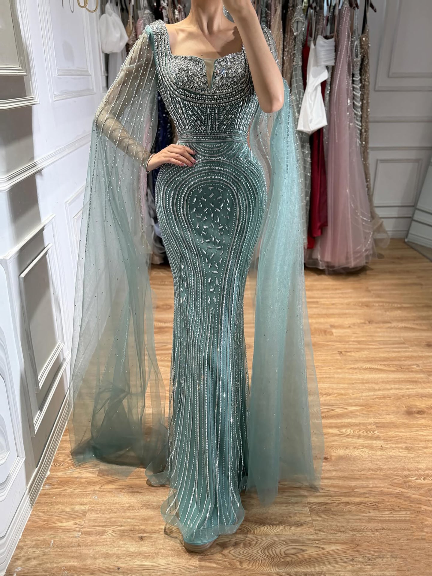 Luxury Turquoise Beaded Mermaid Gown with Cape Sleeves LA73819
