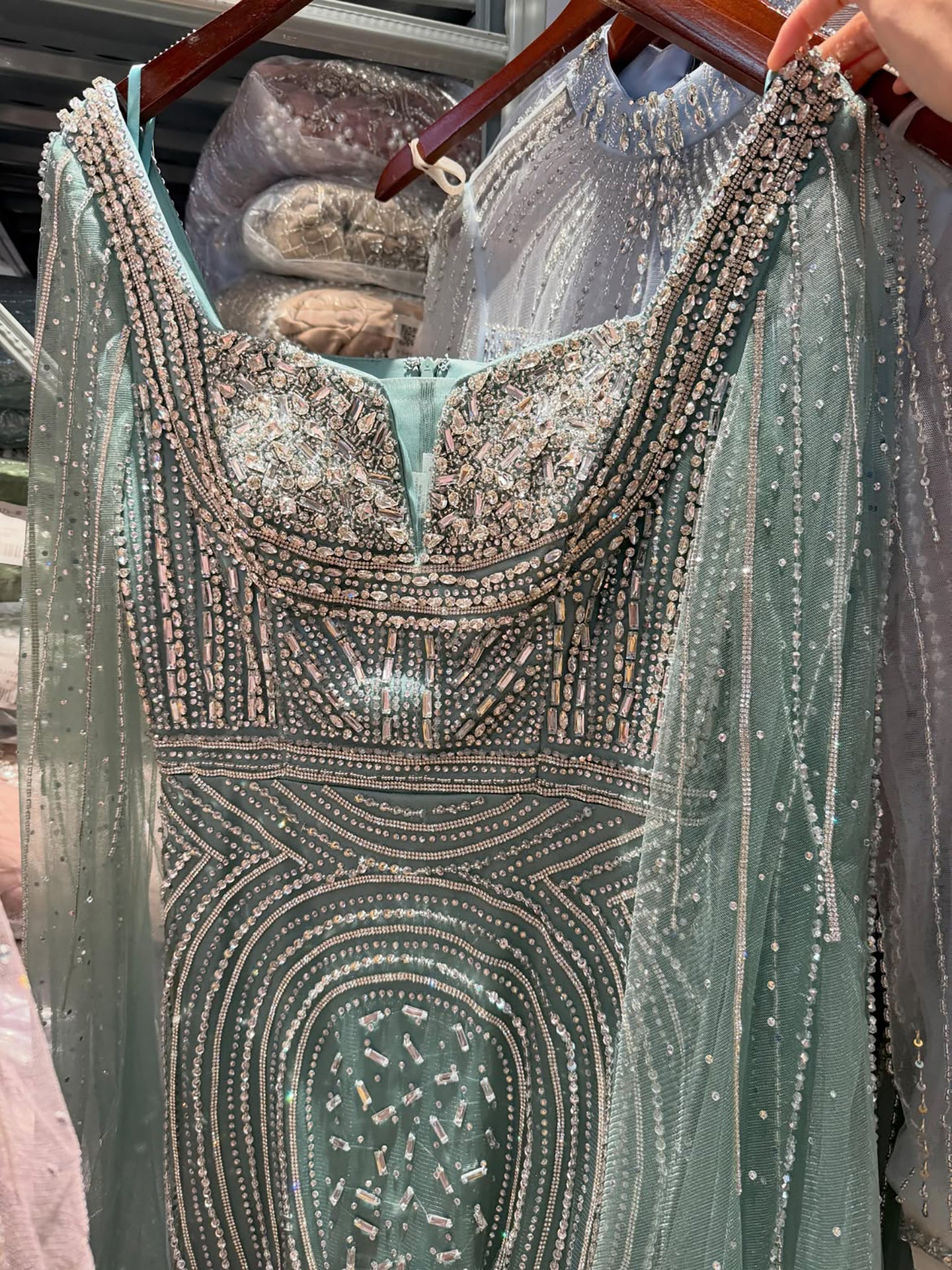 Luxury Turquoise Beaded Mermaid Gown with Cape Sleeves LA73819
