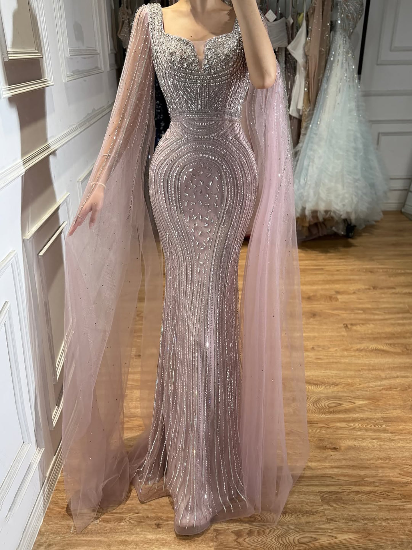 Luxury Turquoise Beaded Mermaid Gown with Cape Sleeves LA73819