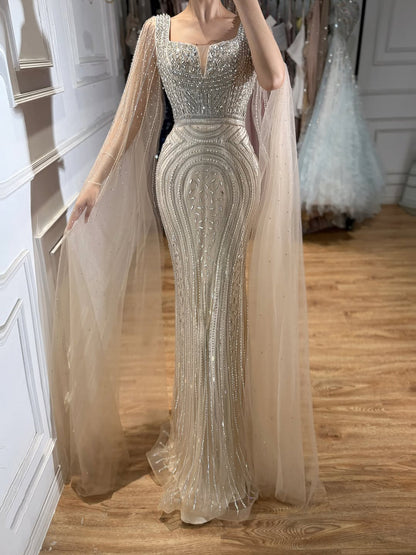 Luxury Turquoise Beaded Mermaid Gown with Cape Sleeves LA73819