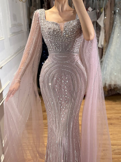 Luxury Turquoise Beaded Mermaid Gown with Cape Sleeves LA73819
