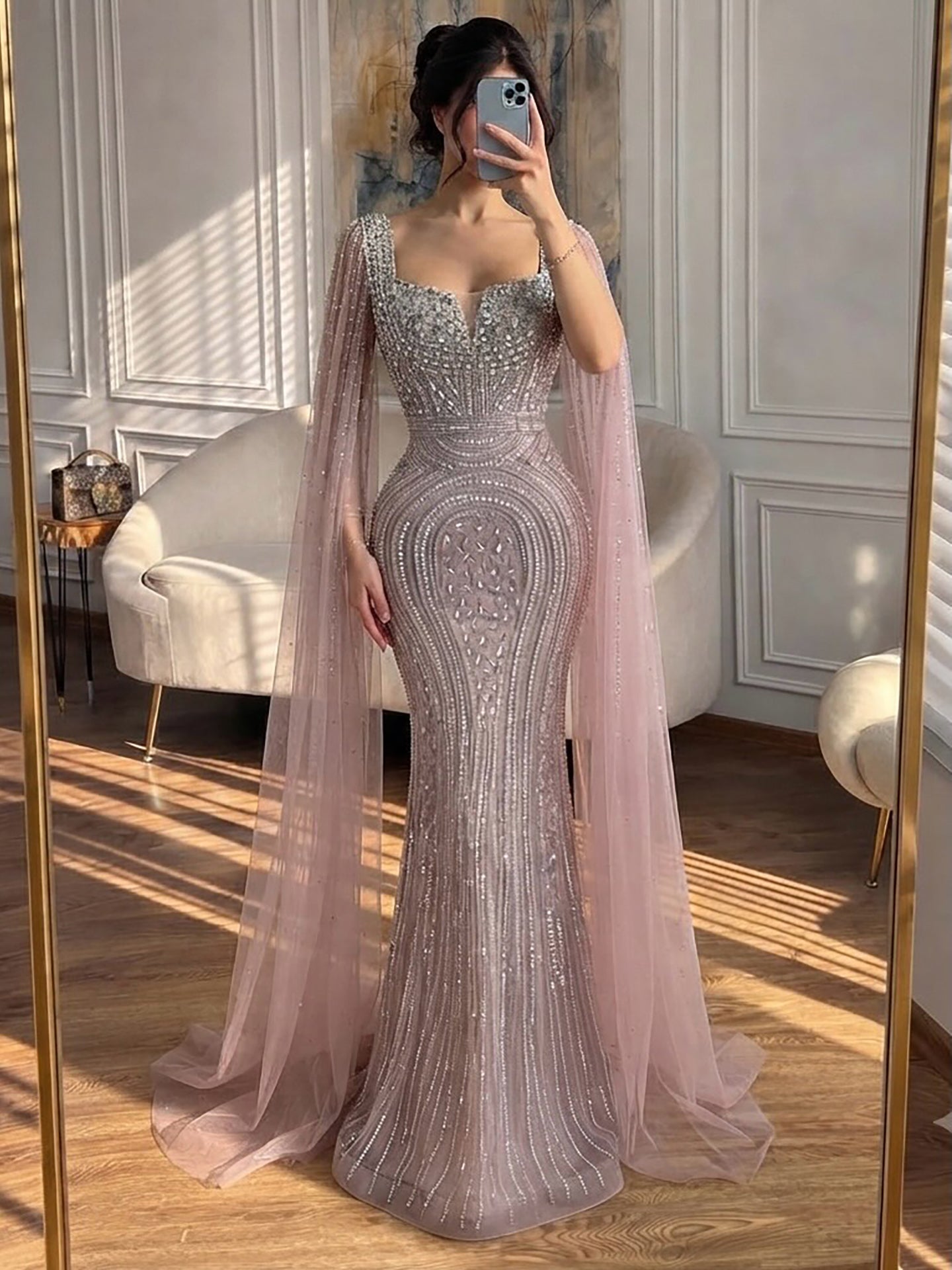 Luxury Turquoise Beaded Mermaid Gown with Cape Sleeves LA73819