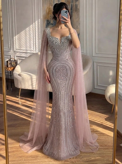 Luxury Turquoise Beaded Mermaid Gown with Cape Sleeves LA73819