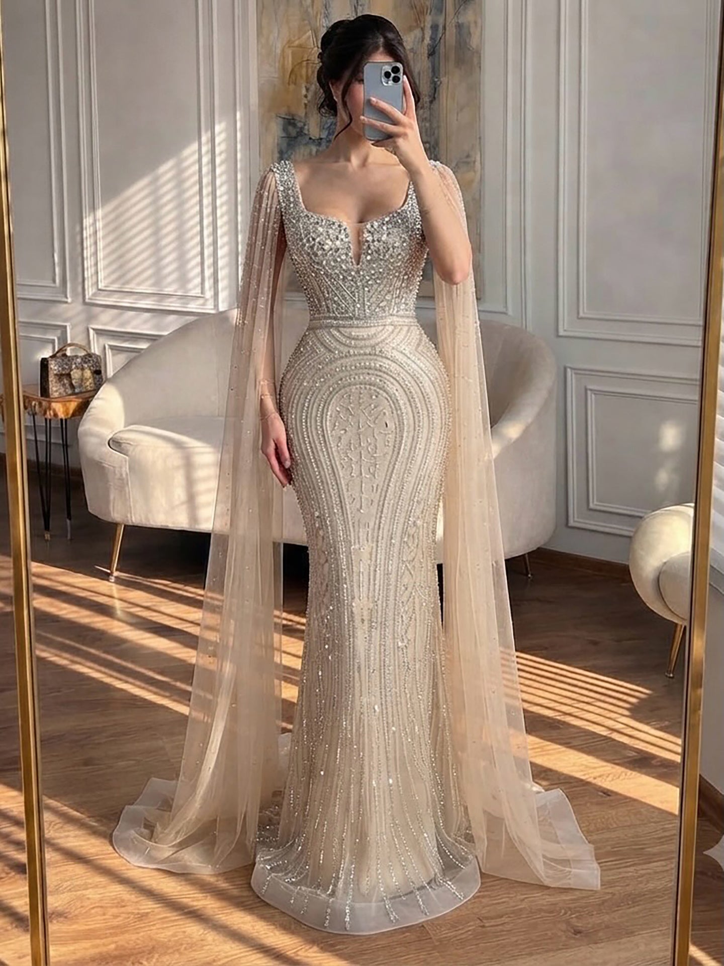 Luxury Turquoise Beaded Mermaid Gown with Cape Sleeves LA73819