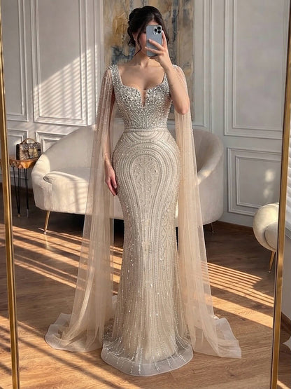 Luxury Turquoise Beaded Mermaid Gown with Cape Sleeves LA73819