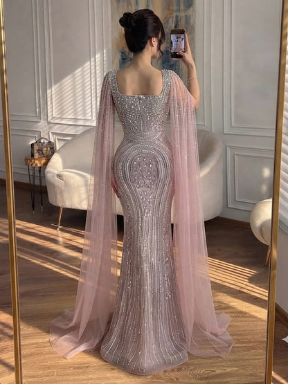 Luxury Turquoise Beaded Mermaid Gown with Cape Sleeves LA73819