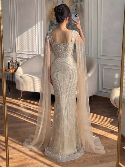 Luxury Turquoise Beaded Mermaid Gown with Cape Sleeves LA73819