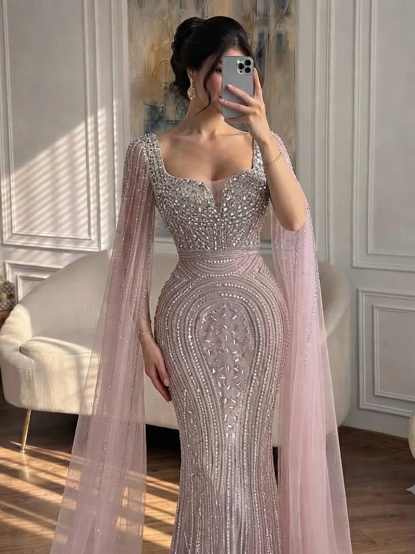 Luxury Turquoise Beaded Mermaid Gown with Cape Sleeves LA73819