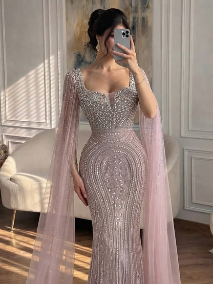 Luxury Turquoise Beaded Mermaid Gown with Cape Sleeves LA73819