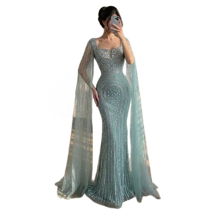 Luxury Turquoise Beaded Mermaid Gown with Cape Sleeves LA73819