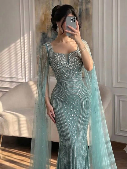 Luxury Turquoise Beaded Mermaid Gown with Cape Sleeves LA73819