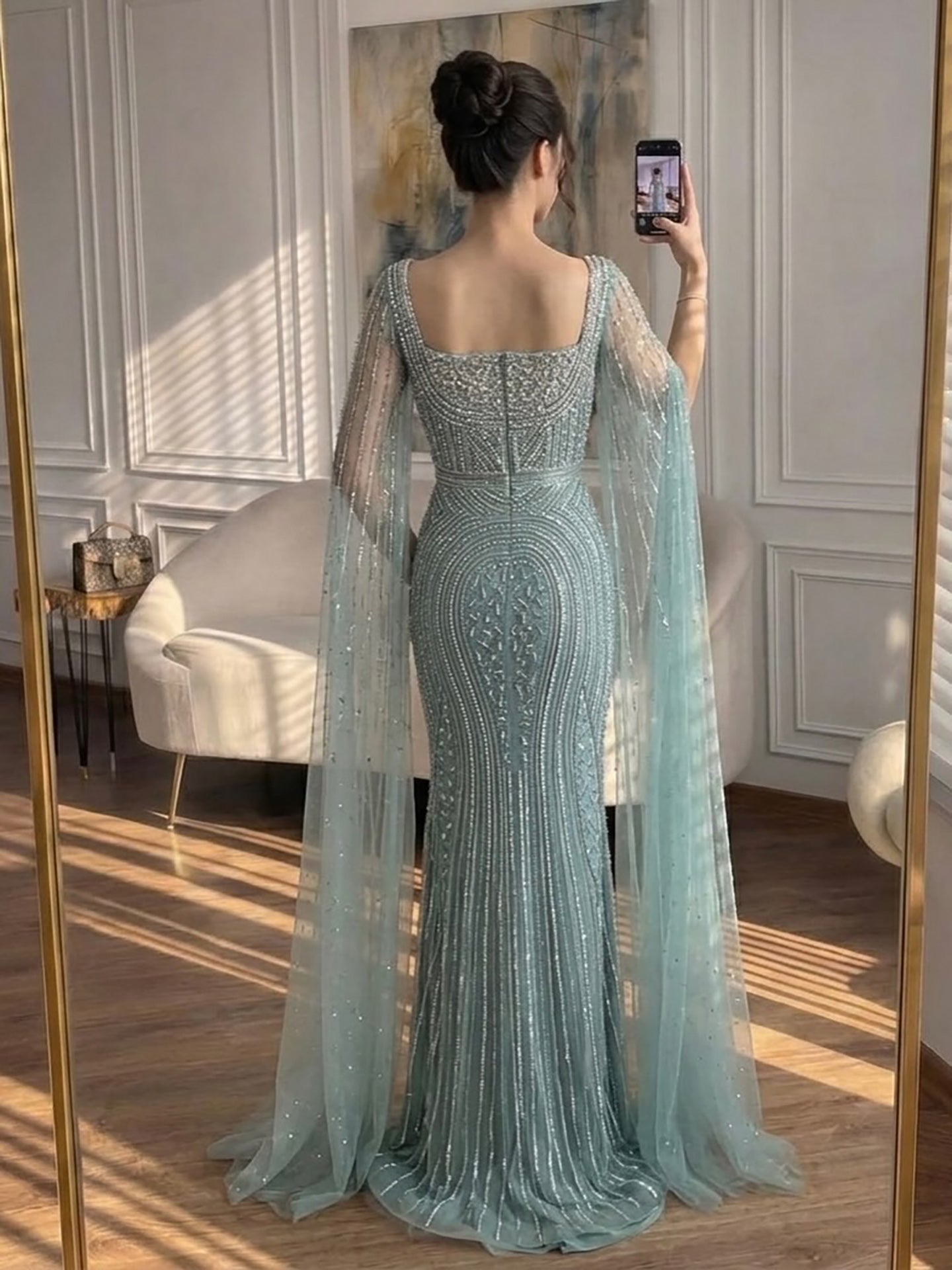 Luxury Turquoise Beaded Mermaid Gown with Cape Sleeves LA73819