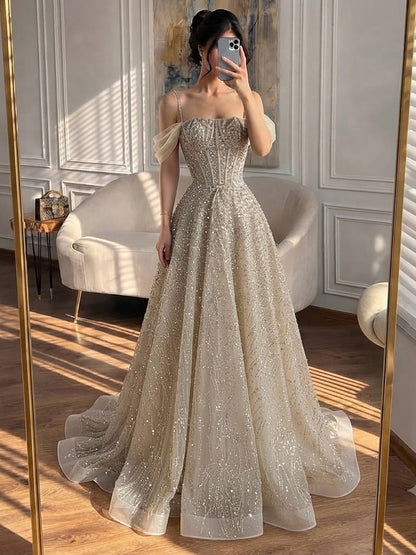 Luxury Caramel Off The Shoulder Beaded A Line Evening Dress LA73820
