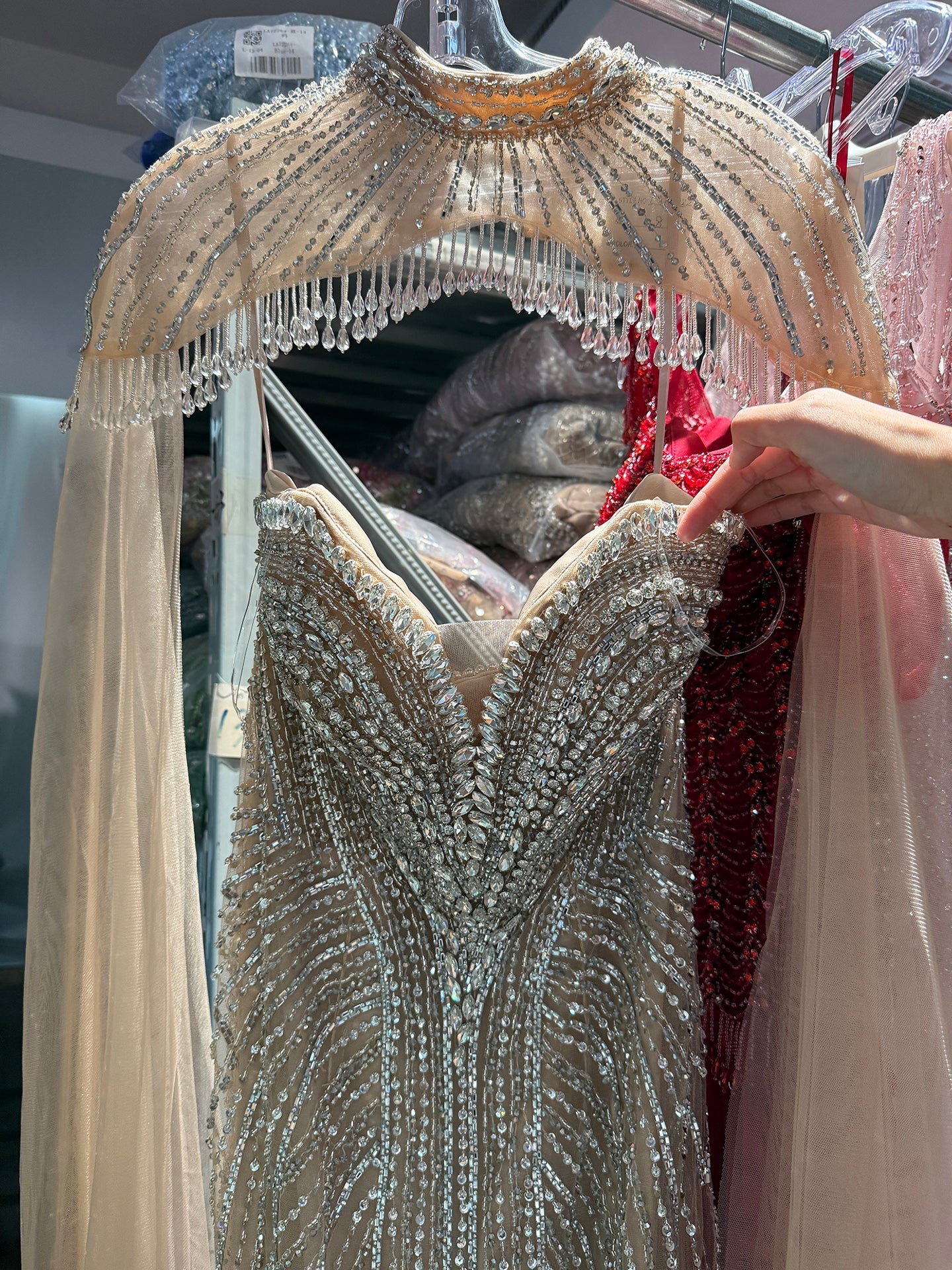 Luxury Pink Crystal Beaded Mermaid Evening Dress with Cape LA73822