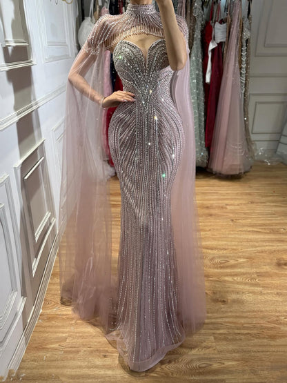 Luxury Pink Crystal Beaded Mermaid Evening Dress with Cape LA73822