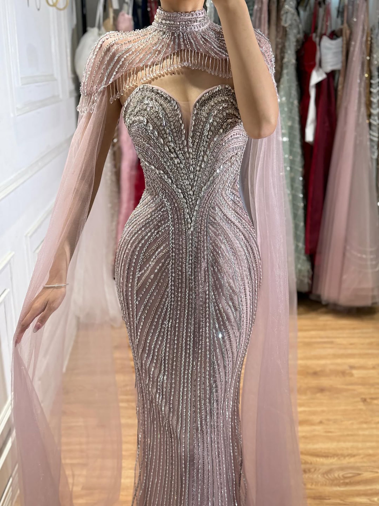 Luxury Pink Crystal Beaded Mermaid Evening Dress with Cape LA73822