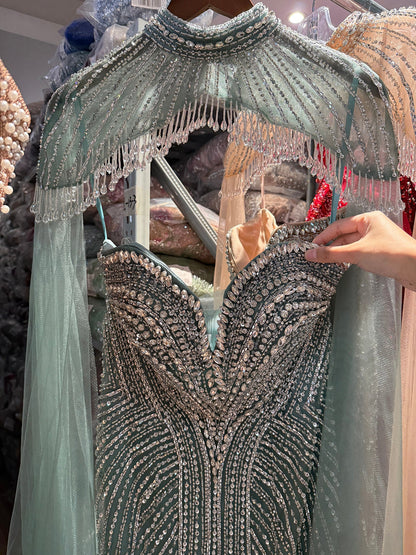 Luxury Pink Crystal Beaded Mermaid Evening Dress with Cape LA73822