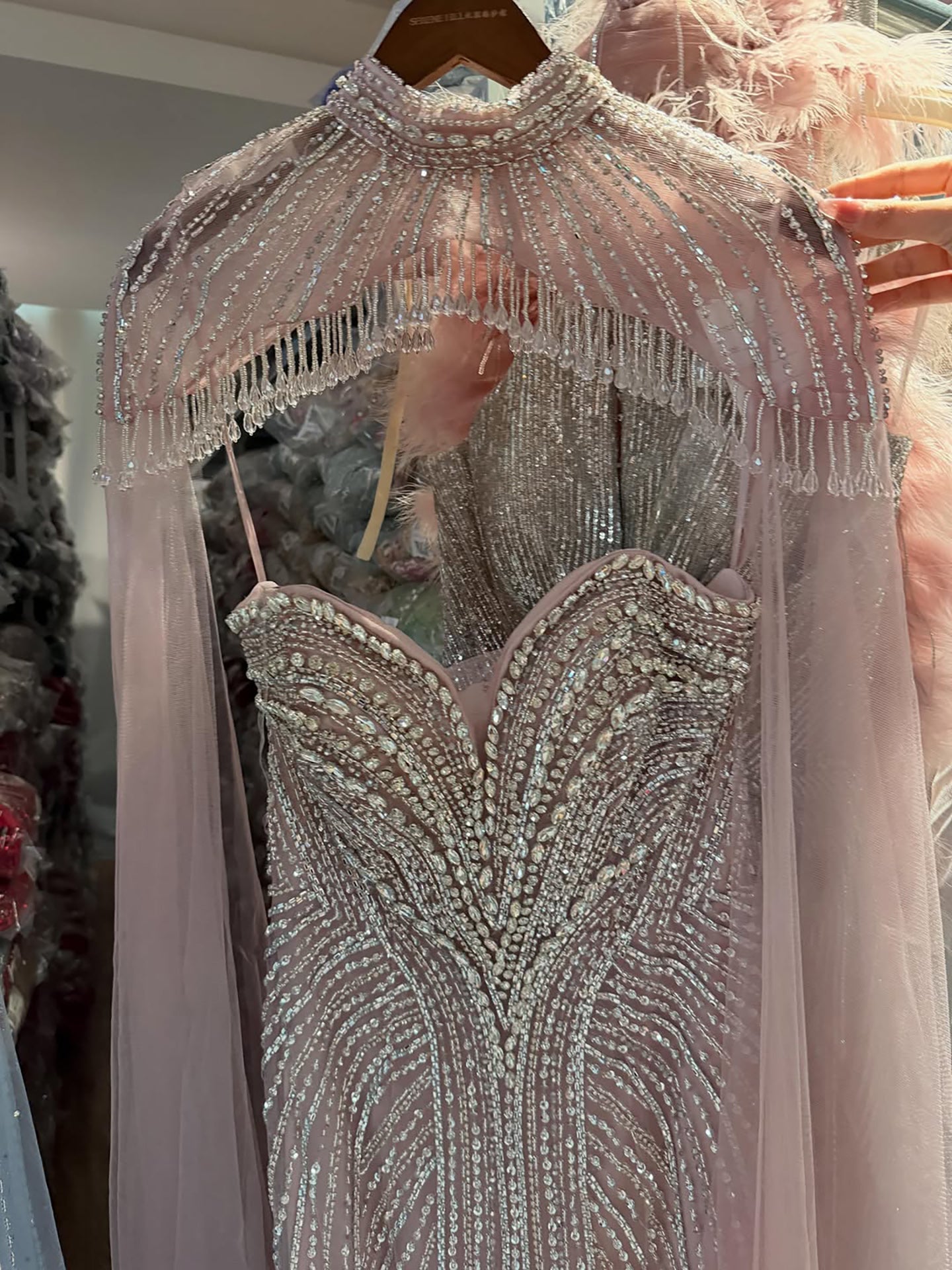 Luxury Pink Crystal Beaded Mermaid Evening Dress with Cape LA73822