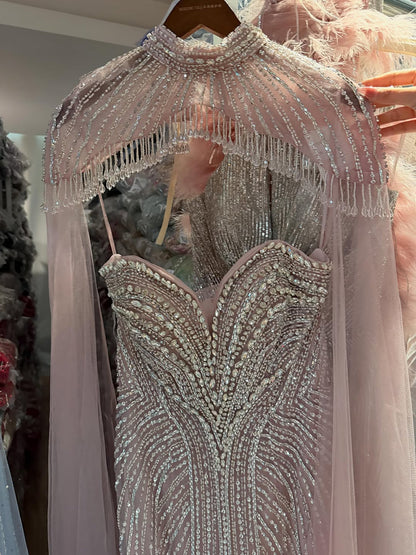 Luxury Pink Crystal Beaded Mermaid Evening Dress with Cape LA73822