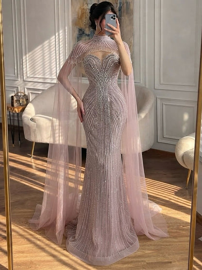 Luxury Pink Crystal Beaded Mermaid Evening Dress with Cape LA73822