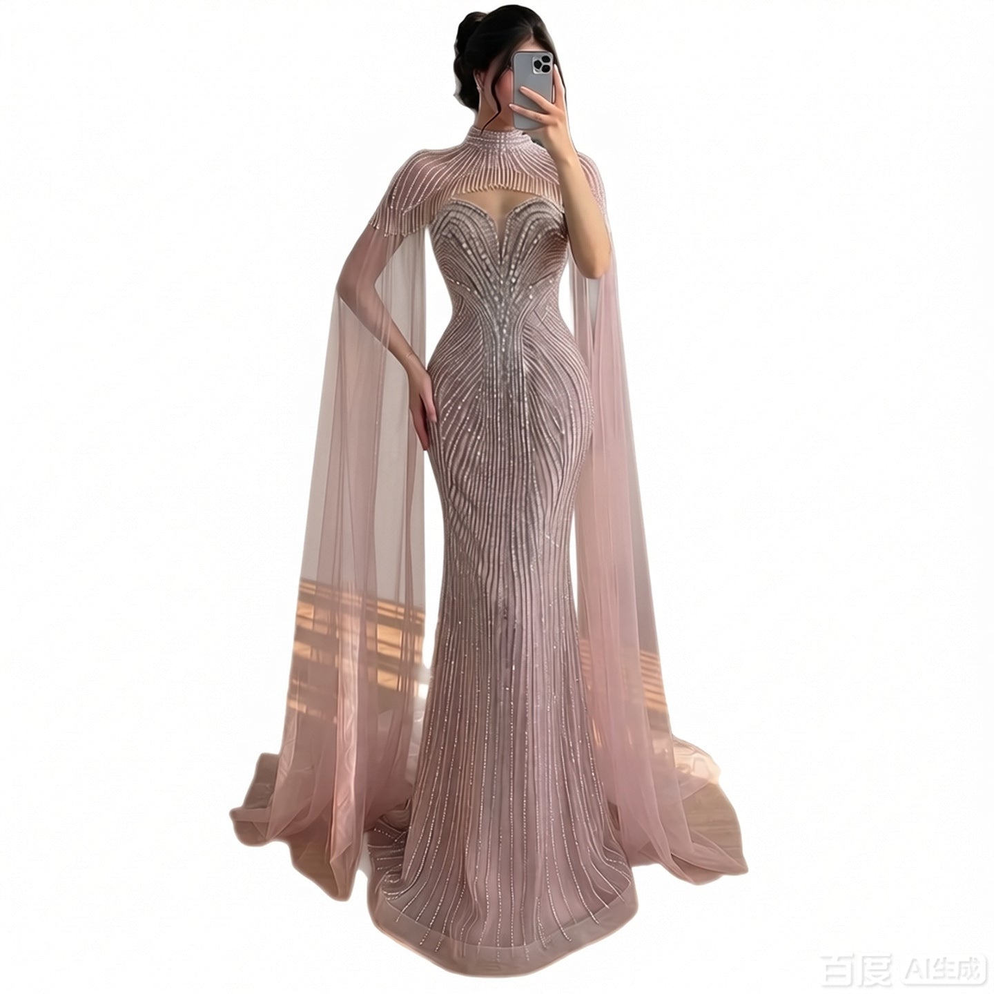 Luxury Pink Crystal Beaded Mermaid Evening Dress with Cape LA73822