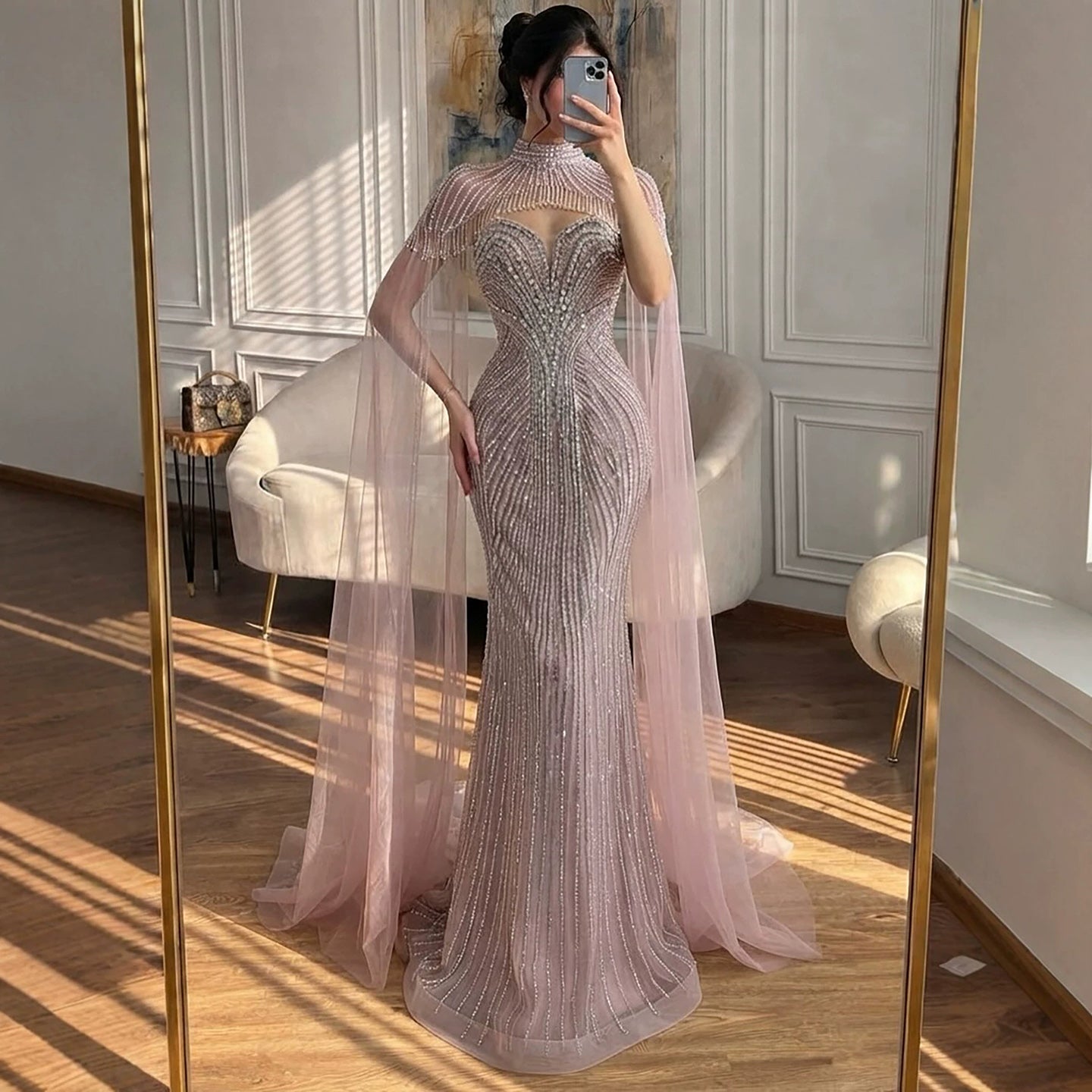 Luxury Pink Crystal Beaded Mermaid Evening Dress with Cape LA73822