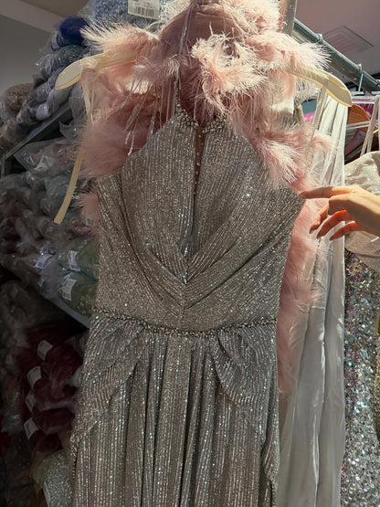 Luxury Silver Halter Feather Beaded Pleated A Line Evening Dress LA73823