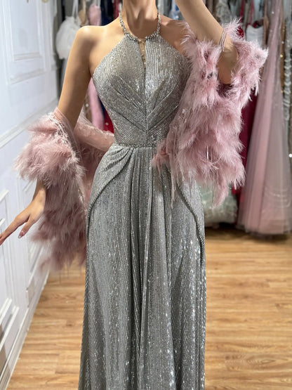 Luxury Silver Halter Feather Beaded Pleated A Line Evening Dress LA73823