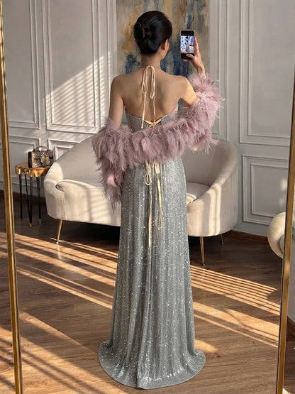 Luxury Silver Halter Feather Beaded Pleated A Line Evening Dress LA73823