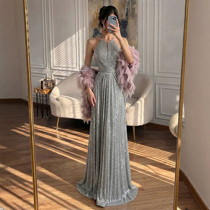 Luxury Silver Halter Feather Beaded Pleated A Line Evening Dress LA73823
