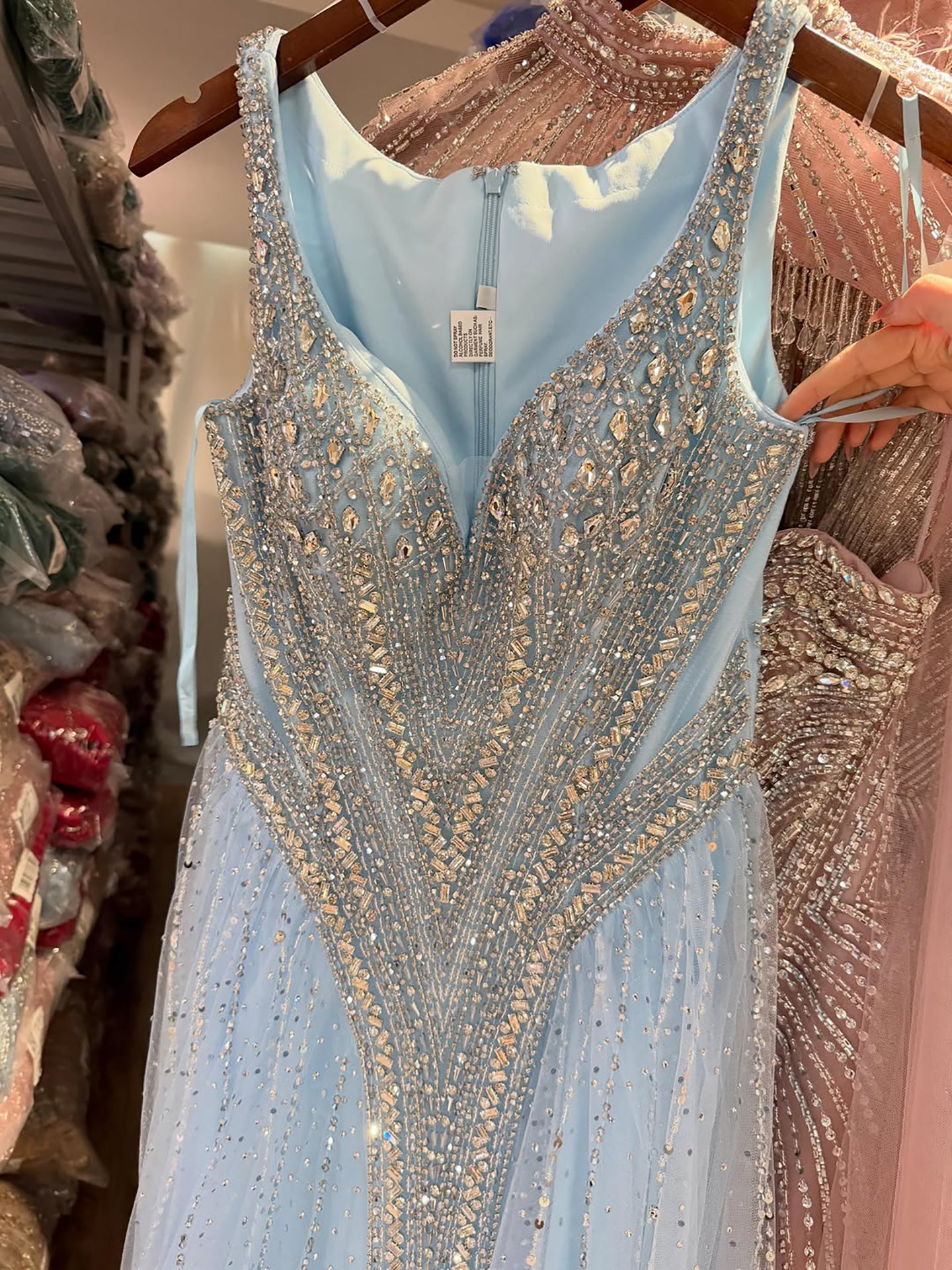 Luxury Light Blue Crystal Beaded V Neck A Line Evening Dress LA73824