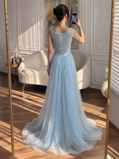 Luxury Light Blue Crystal Beaded V Neck A Line Evening Dress LA73824