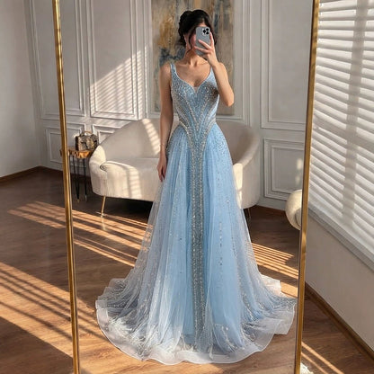 Luxury Light Blue Crystal Beaded V Neck A Line Evening Dress LA73824