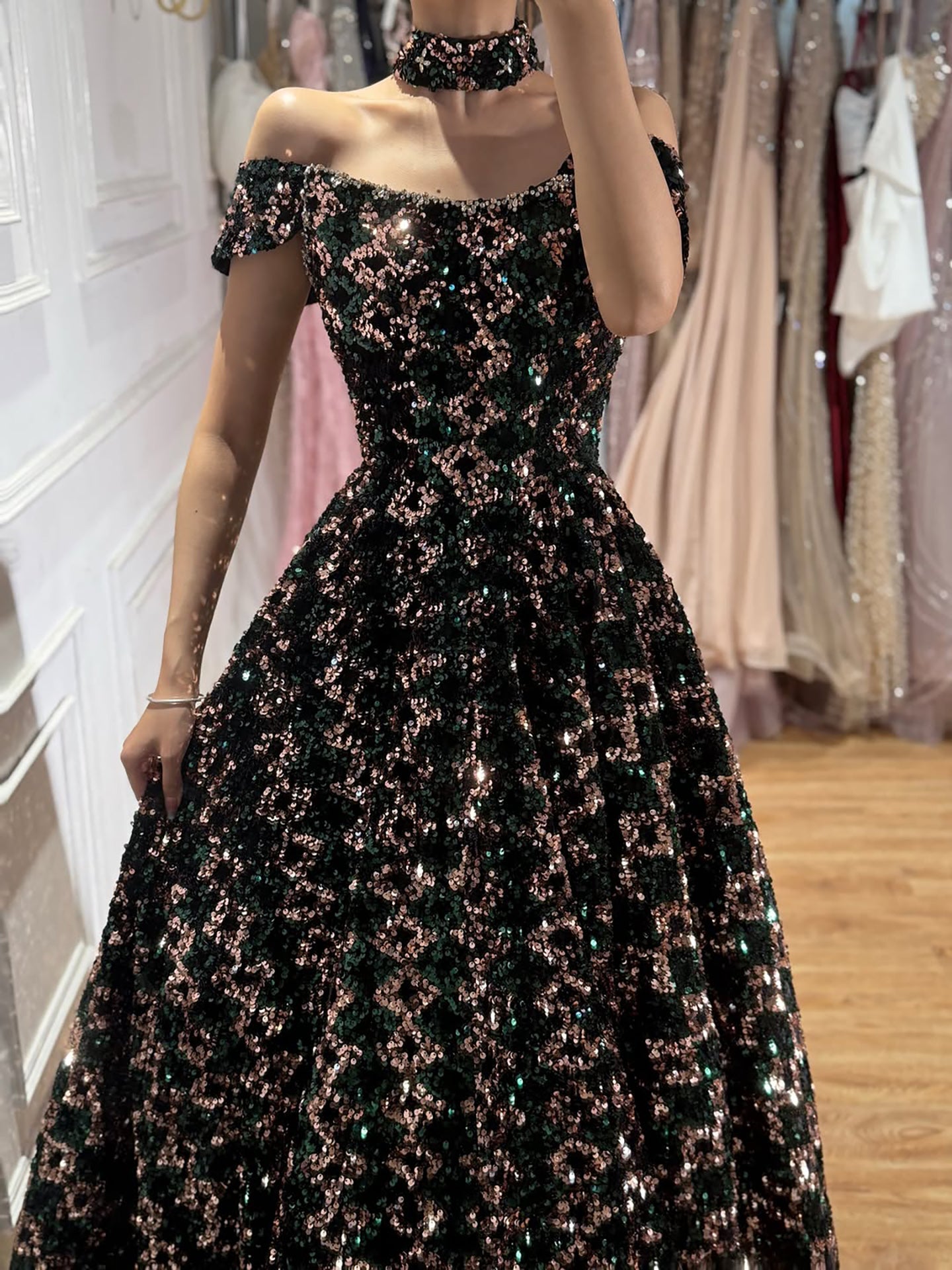 Luxury Off the Shoulder Sequined Beaded A Line Evening Dress LA73826